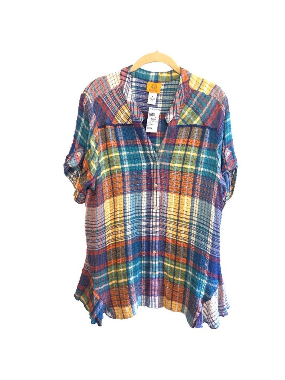Ruby Rd Crinkle Plaid Top Sz Medium Multicolor Boho Tunic Blouse with Godets